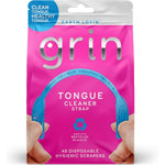 Grin Disposable Tongue Cleaner Strap 48 Count pack front view showcasing authentic USA imported oral care packaging.