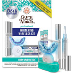 GuruNanda Professional Teeth Whitening Wireless Kit front view showing the 16 LED accelerator mouthpiece and whitening gel pen packaging.