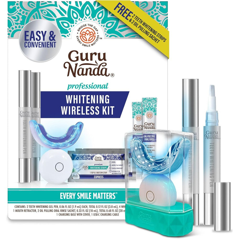 GuruNanda Professional Teeth Whitening Wireless Kit front view showing the 16 LED accelerator mouthpiece and whitening gel pen packaging.