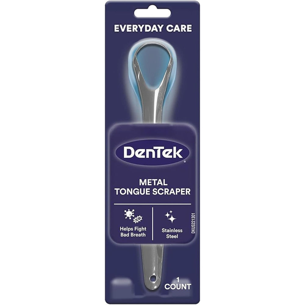 DenTek Metal Tongue Scraper front view premium stainless steel oral hygiene tool