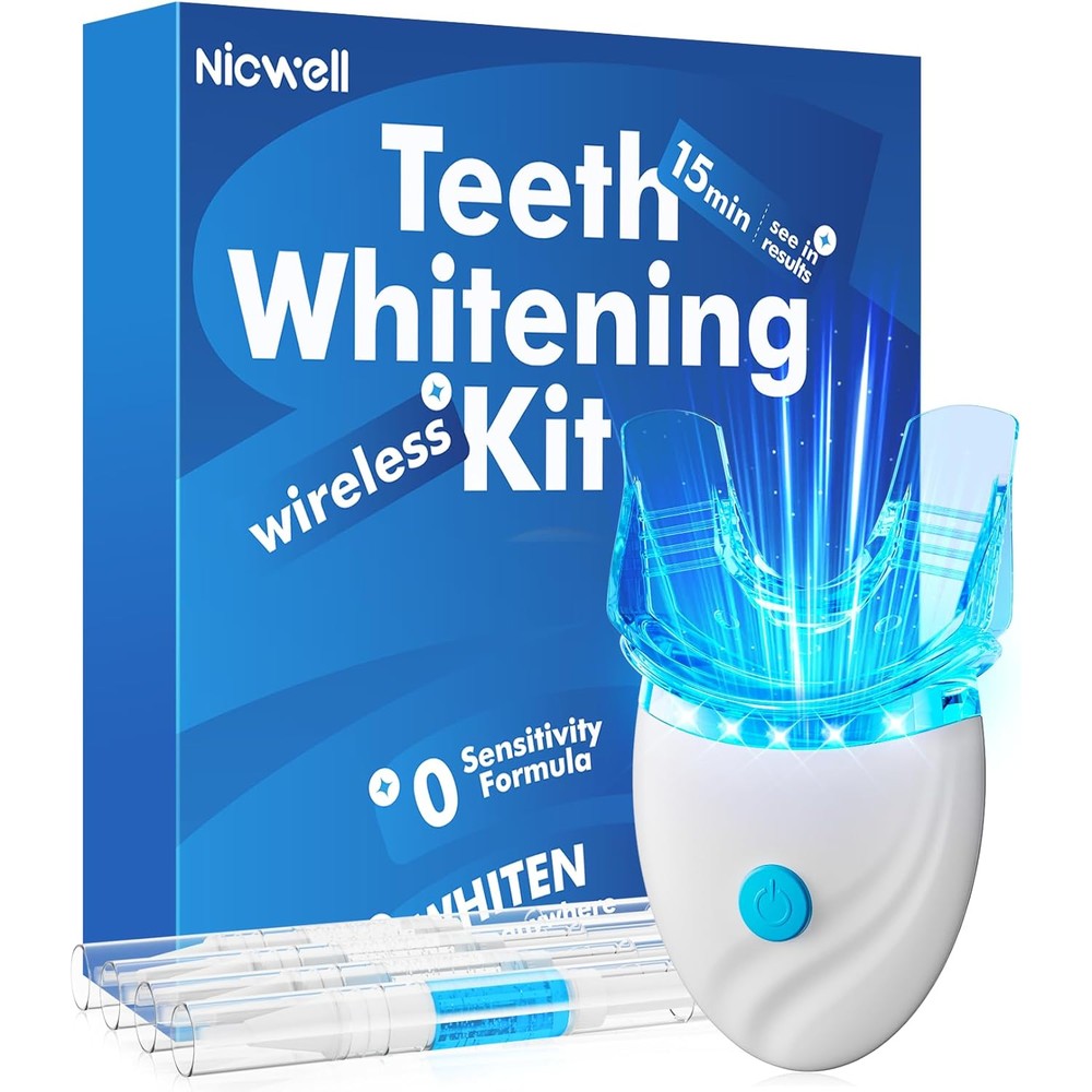 Teeth Whitening Kit for Sensitive Teeth: Nicwell LED Light +35% Carbamide Peroxide Whitening Gel & 1 Desensitizing Pen - Dental Grade Results - Overnight Daily-use Aged 25-35 with Travel Case