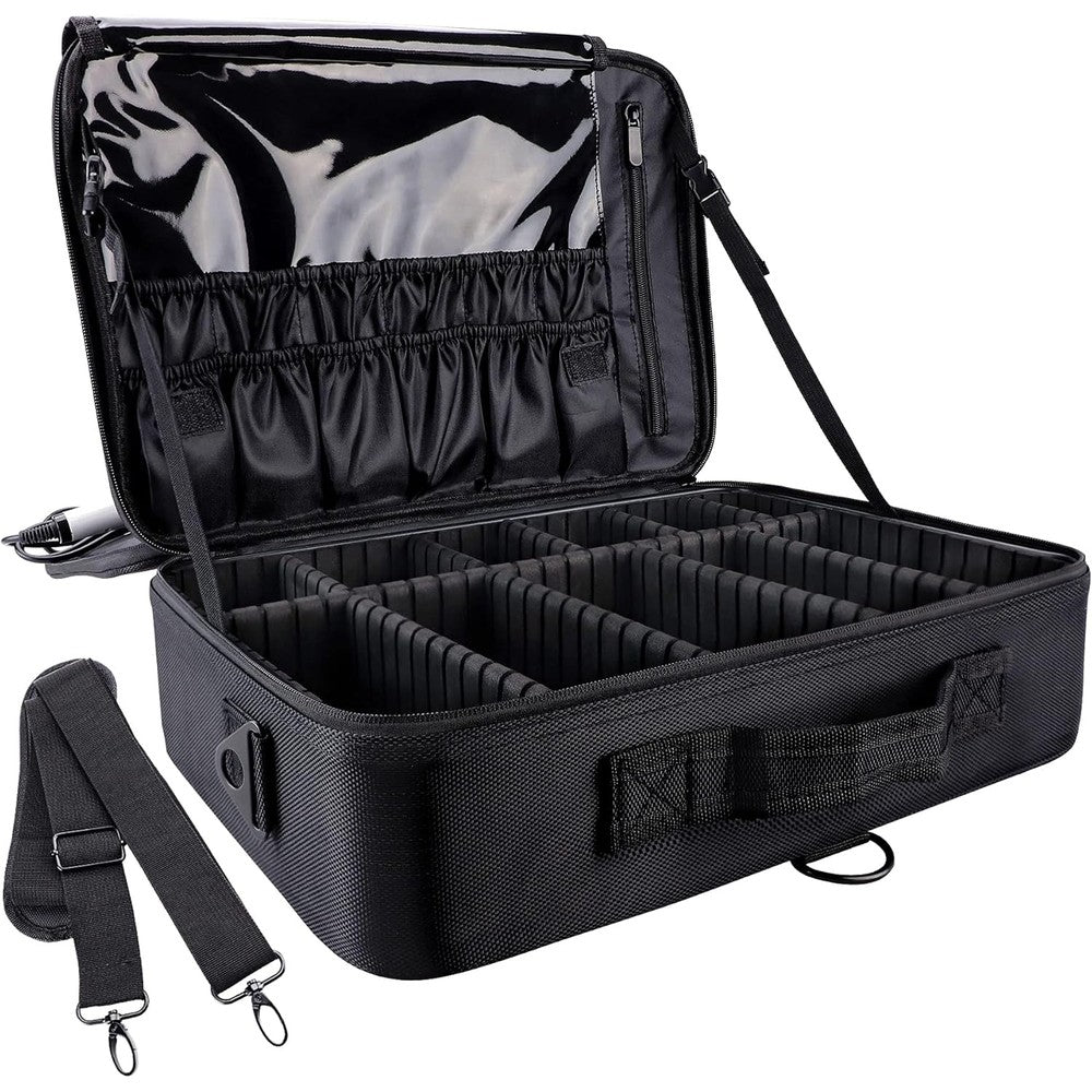 Gzcz large capacity travel makeup train case front view showing black crocodile skin pattern leather exterior.