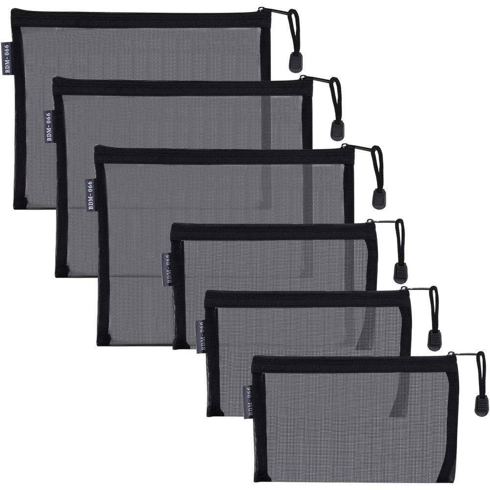 HRX Package nylon mesh cosmetic zipper bags front view showcasing six black organization pouches.