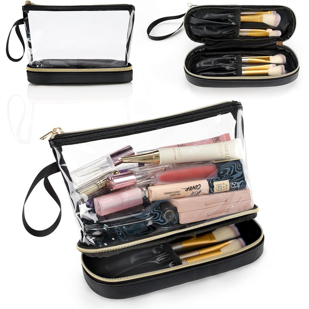 Ethereal travel makeup bag front view showcasing the transparent upper layer and black leather bottom section.