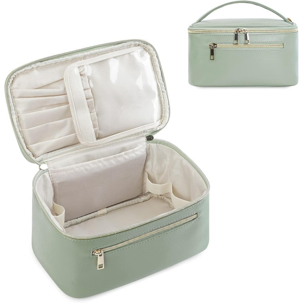 Wandering Nature sage green vegan leather travel makeup bag front view