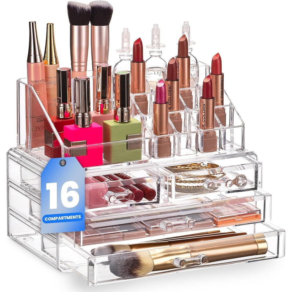 Masirs Clear Makeup Organizer front view showing sixteen top slots and four drawers loaded with cosmetics.