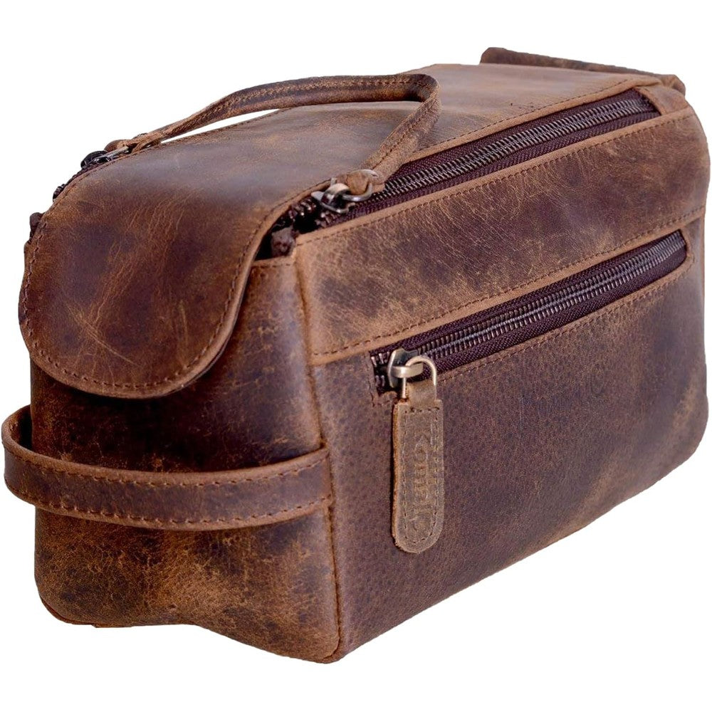 KomalC genuine buffalo leather unisex toiletry bag front view