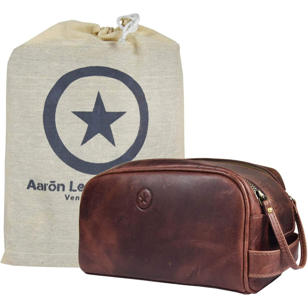 Aaron Leather Goods Vendimia Estilo mens leather toiletry bag front view