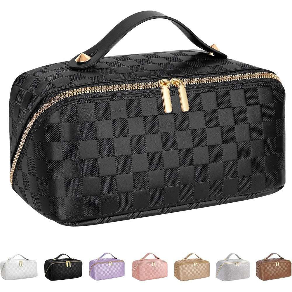 Alextina large capacity travel cosmetic bag front view showing black checkered pattern