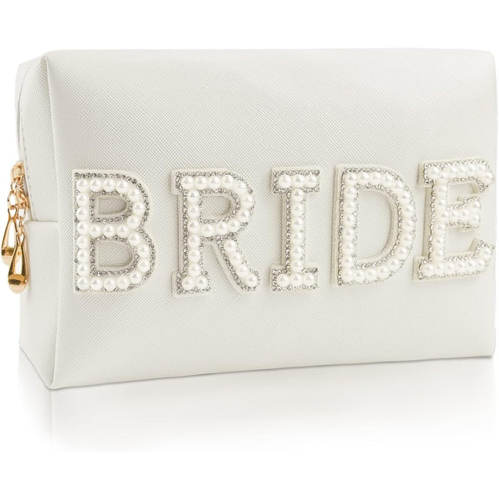 Kovewon Bride patch letter makeup bag front view with pearls
