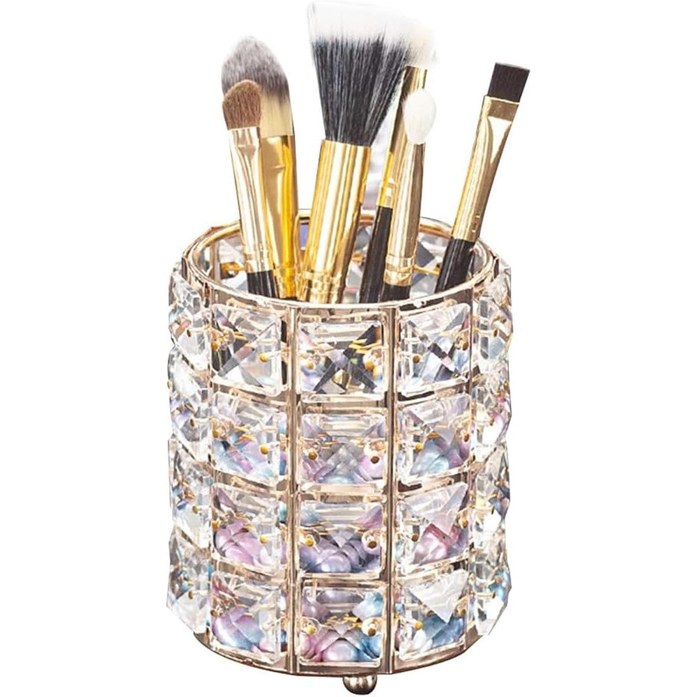 LUGUNU golden crystal makeup brush holder organizer front view on a vanity table