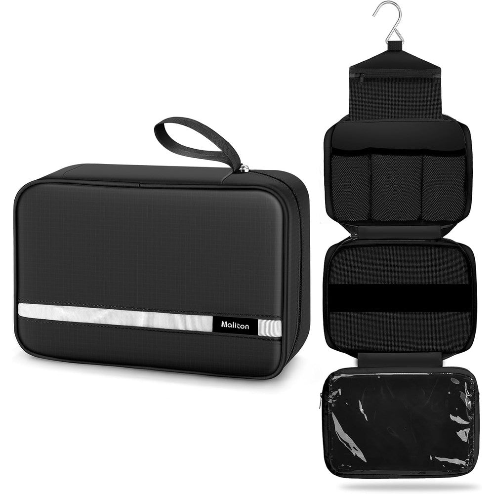 Maliton hanging toiletry bag black front view for travel