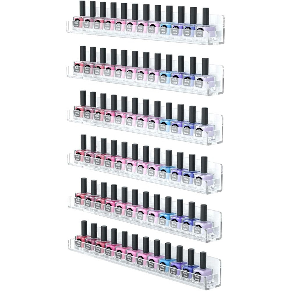 Femeli clear acrylic nail polish wall rack 6 piece set front view holding assorted colorful bottles