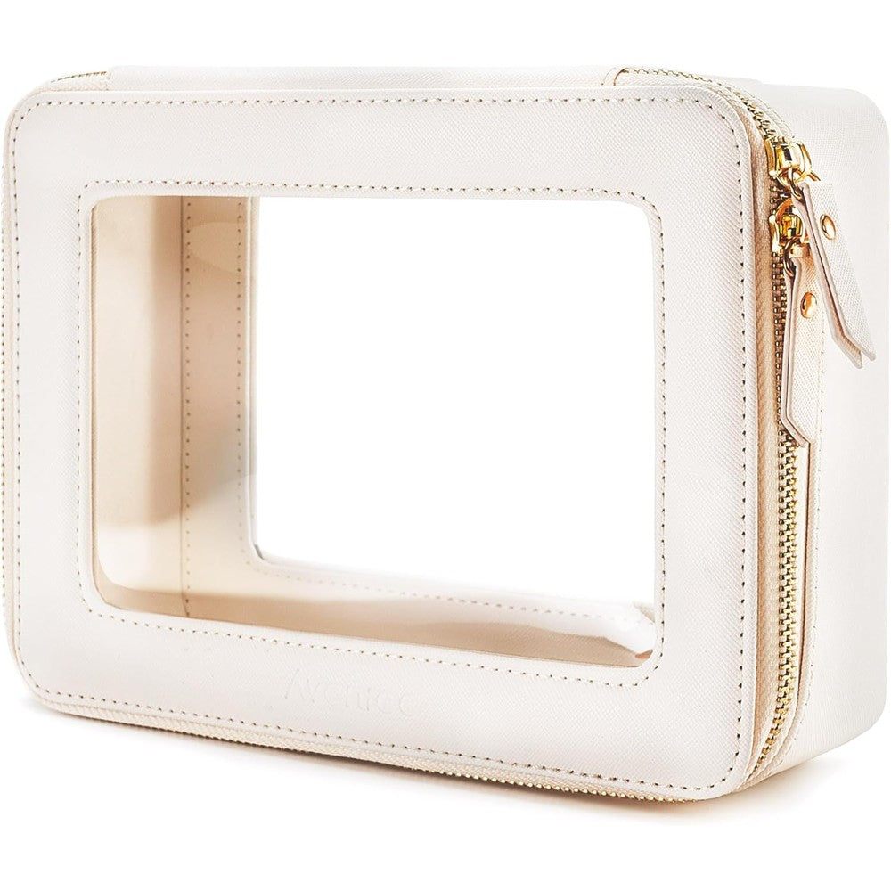 Aveniee clear makeup bag organizer front view showing white leather trim and transparent window