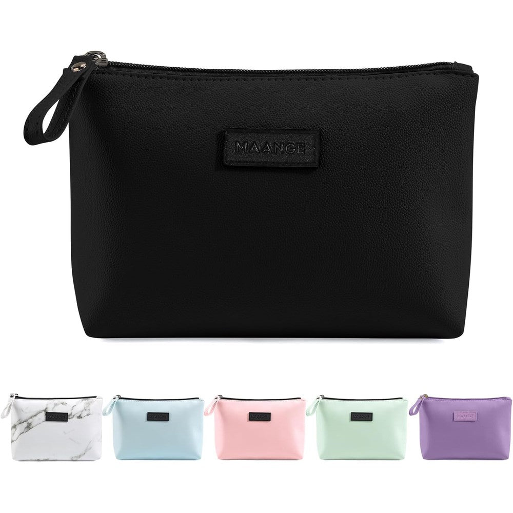 Maange small black PU leather travel makeup bag front view