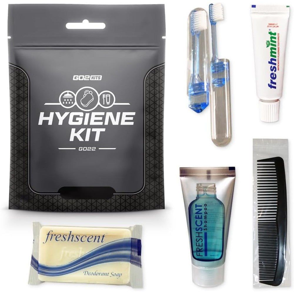 Go2Kits travel hygiene toiletry kit front view in black pouch