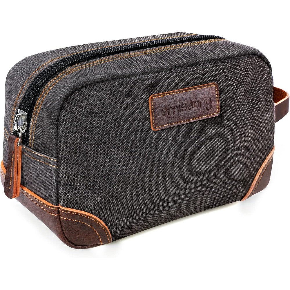 Emissary men's leather and canvas toiletry bag front view