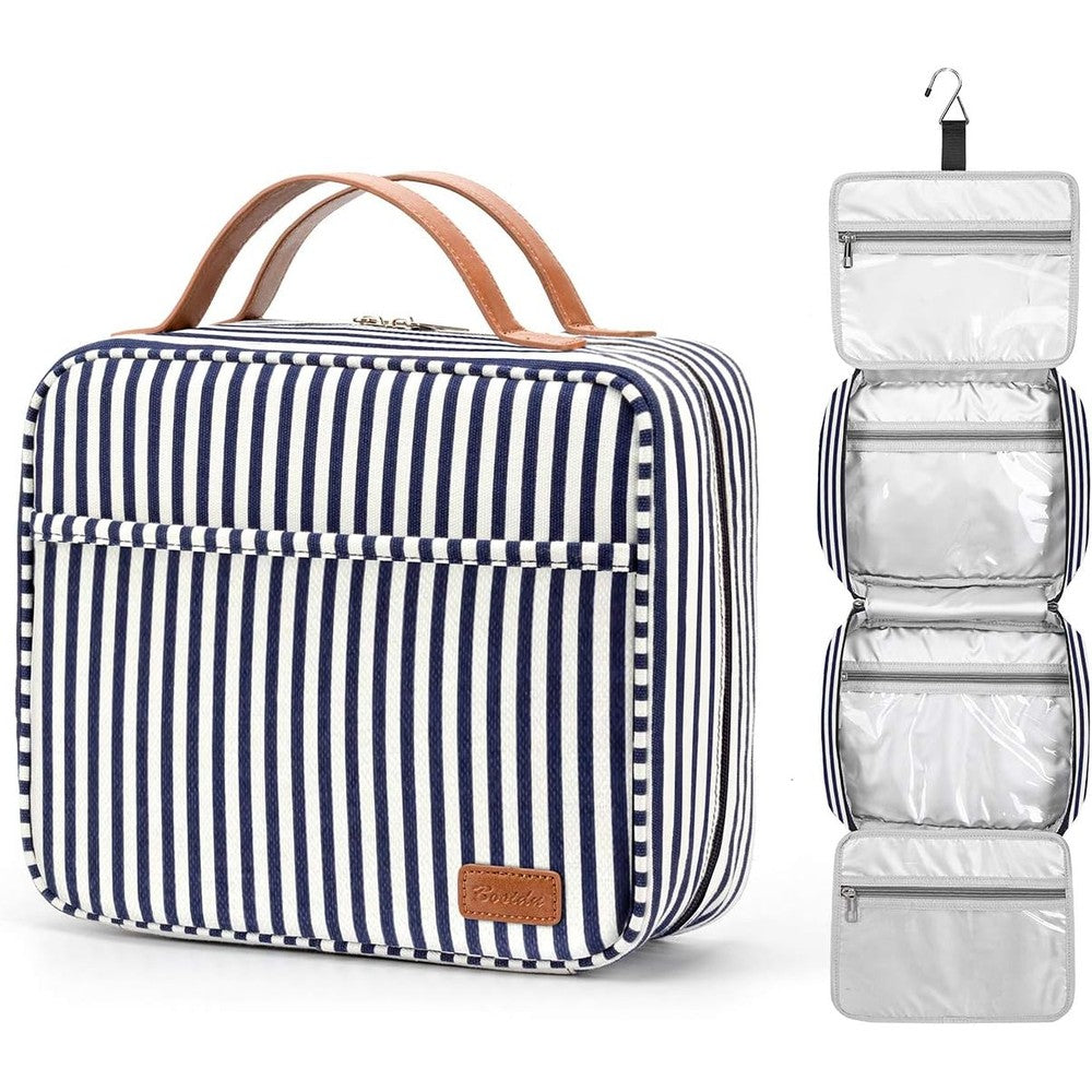 Bosidu Hanging Travel Toiletry Bag front view showing navy and white striped canvas exterior with brown leather handle