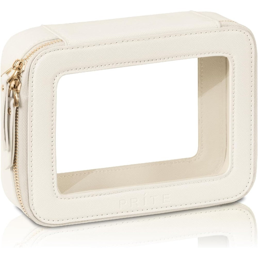 Prite clear makeup bag front view with golden zipper