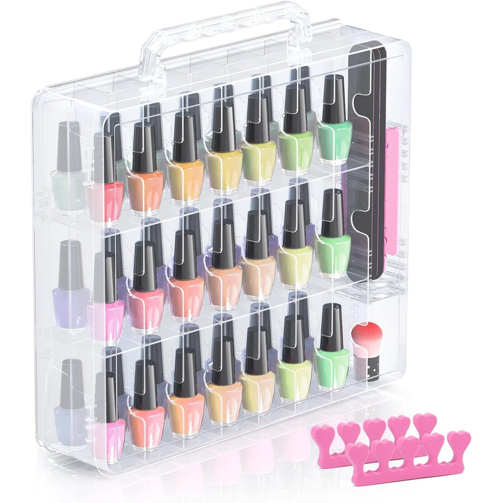 Beloving nail polish organizer front view showing transparent compartments with colorful bottles.