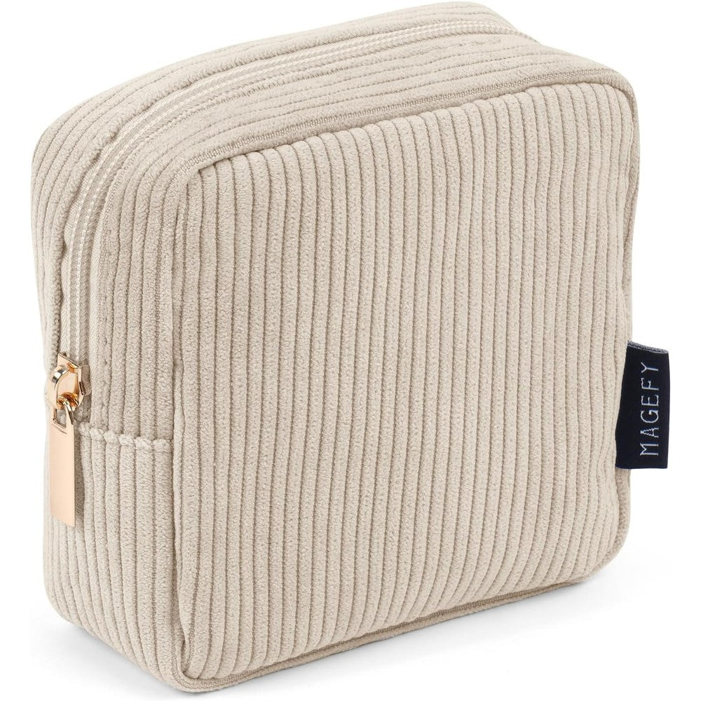 Magefy small beige corduroy makeup bag front view for handbags