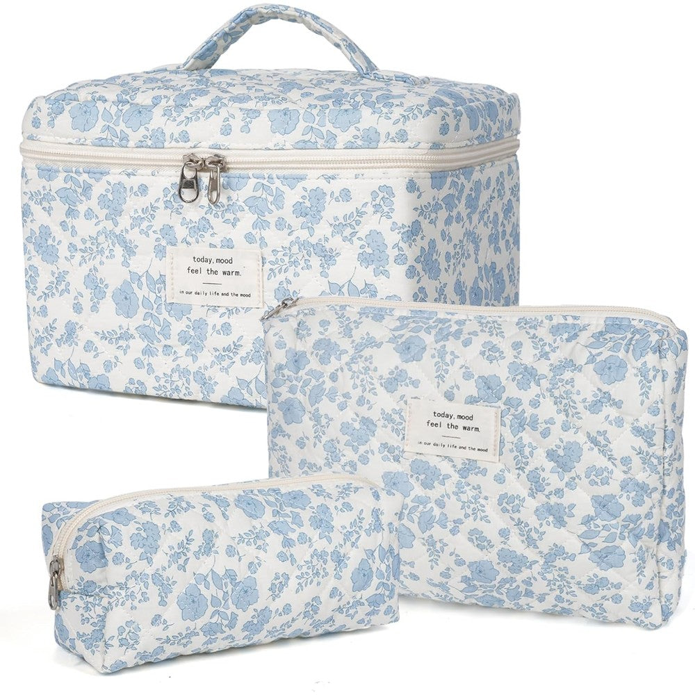 Honitty 3 Piece Quilted Floral Makeup Bag Set front view