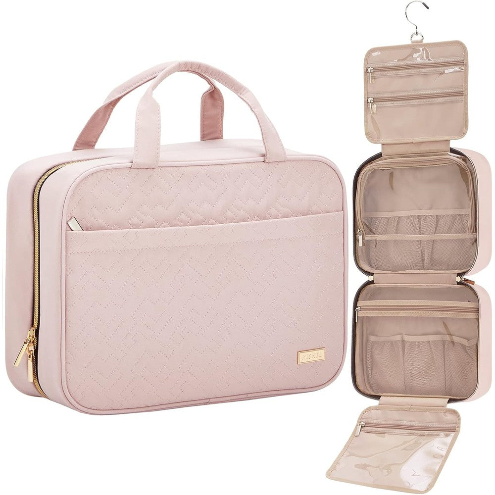 Nishel travel toiletry bag in pink with gold zipper detail