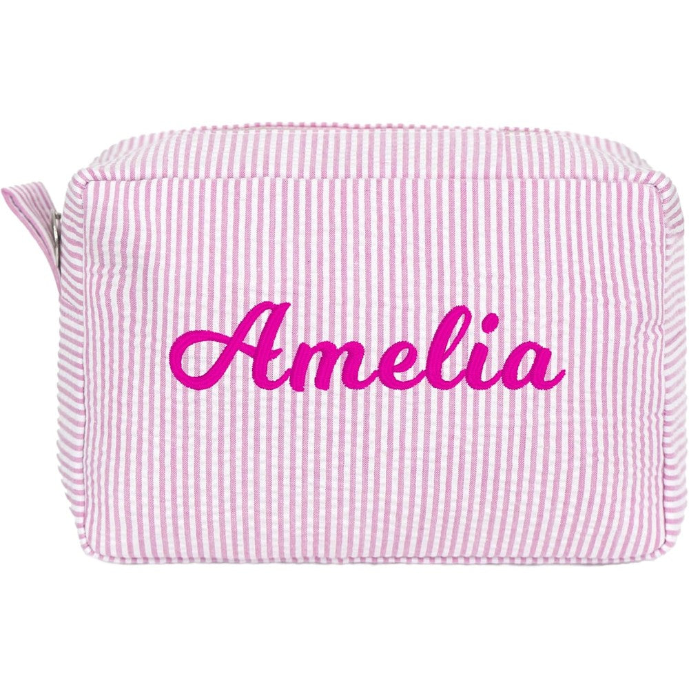 MT World personalized seersucker toiletry bag pink front view