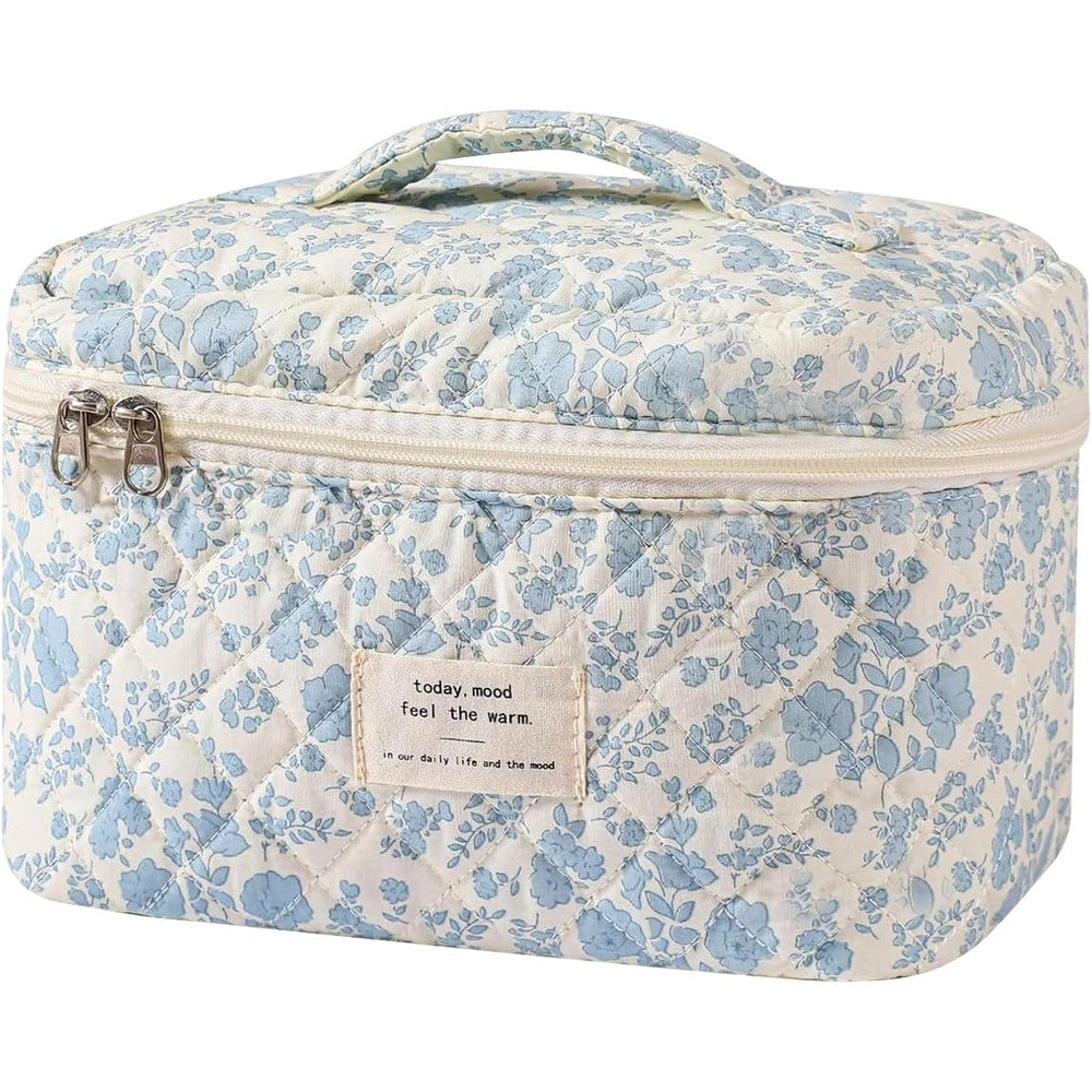 Gosect Large Makeup Bag front view showcasing the blue flower coquette floral pattern design