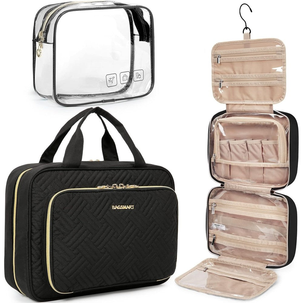 Bagsmart hanging travel toiletry bag front view in medium black