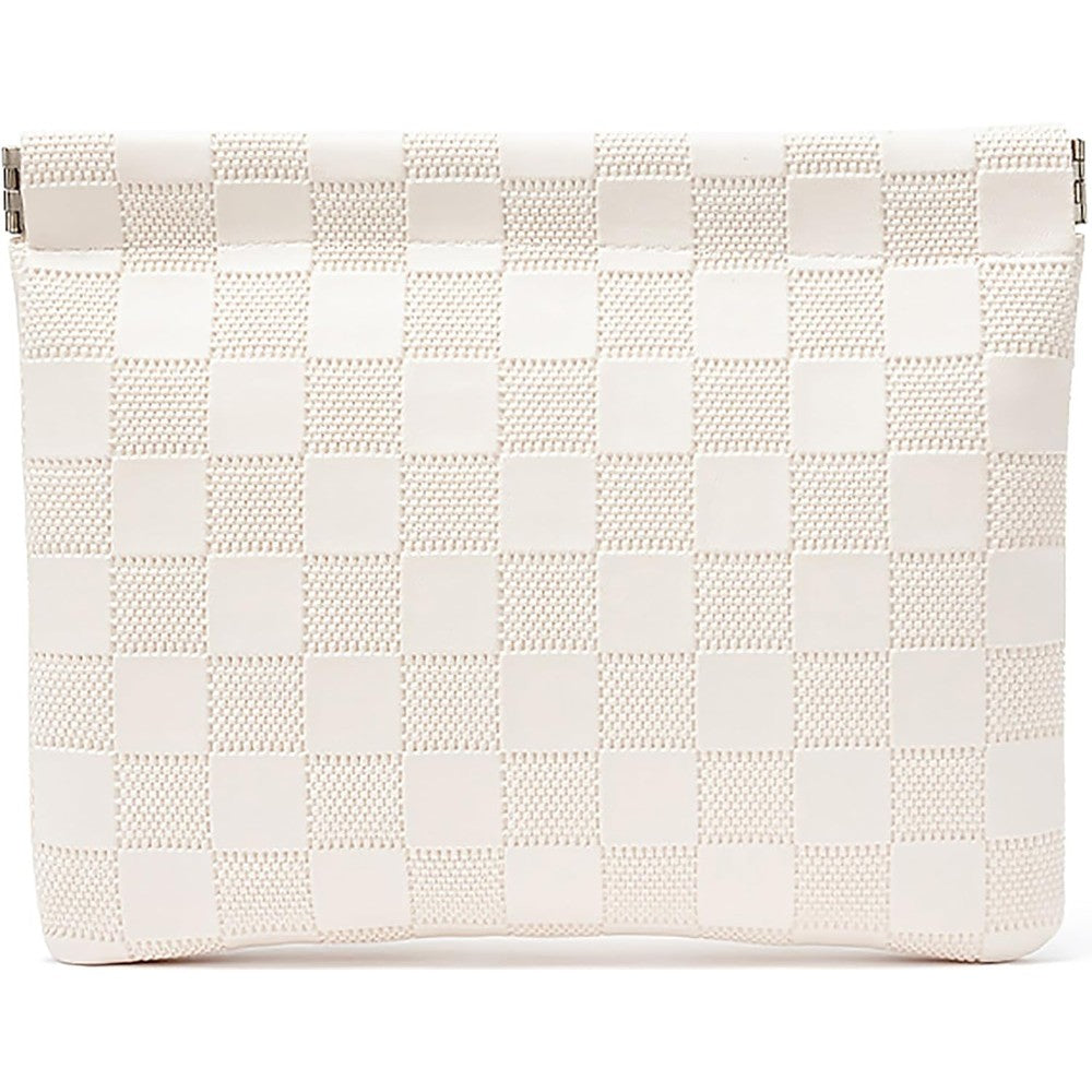 HIGH FIT leather pocket cosmetic bag front view showing white checkered design