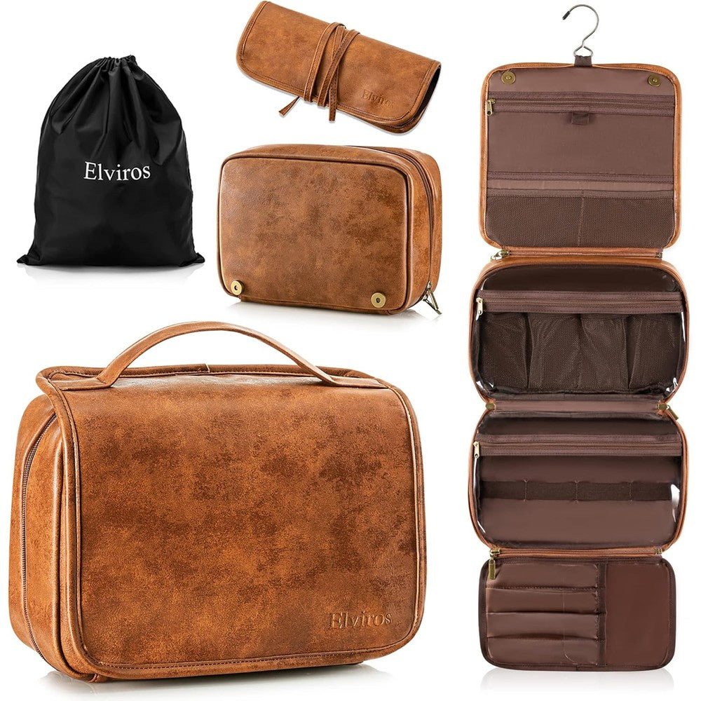 Elviros hanging toiletry bag brown front view