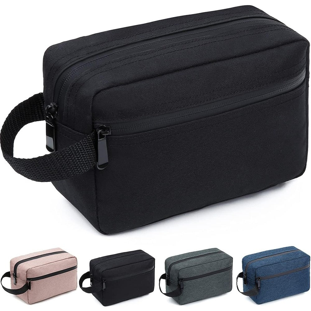FUNSEED travel toiletry bag front view showing black water resistant fabric and side handle
