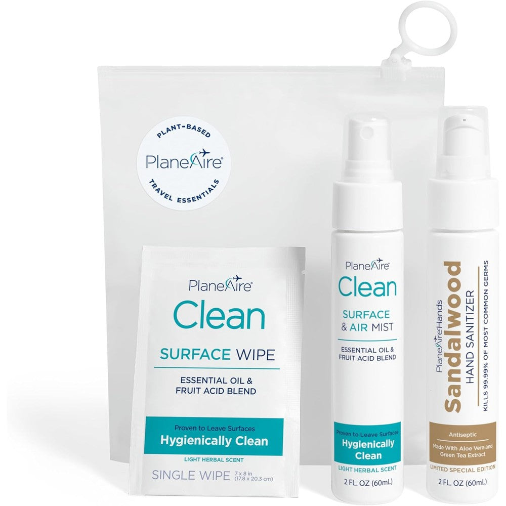 PlaneAire Travel Essentials Hygiene Kit With Sandalwood Scented Lotion Hand Sanitizer Surface Wipes And Air Mist For Travel Size Convenience - Image 1