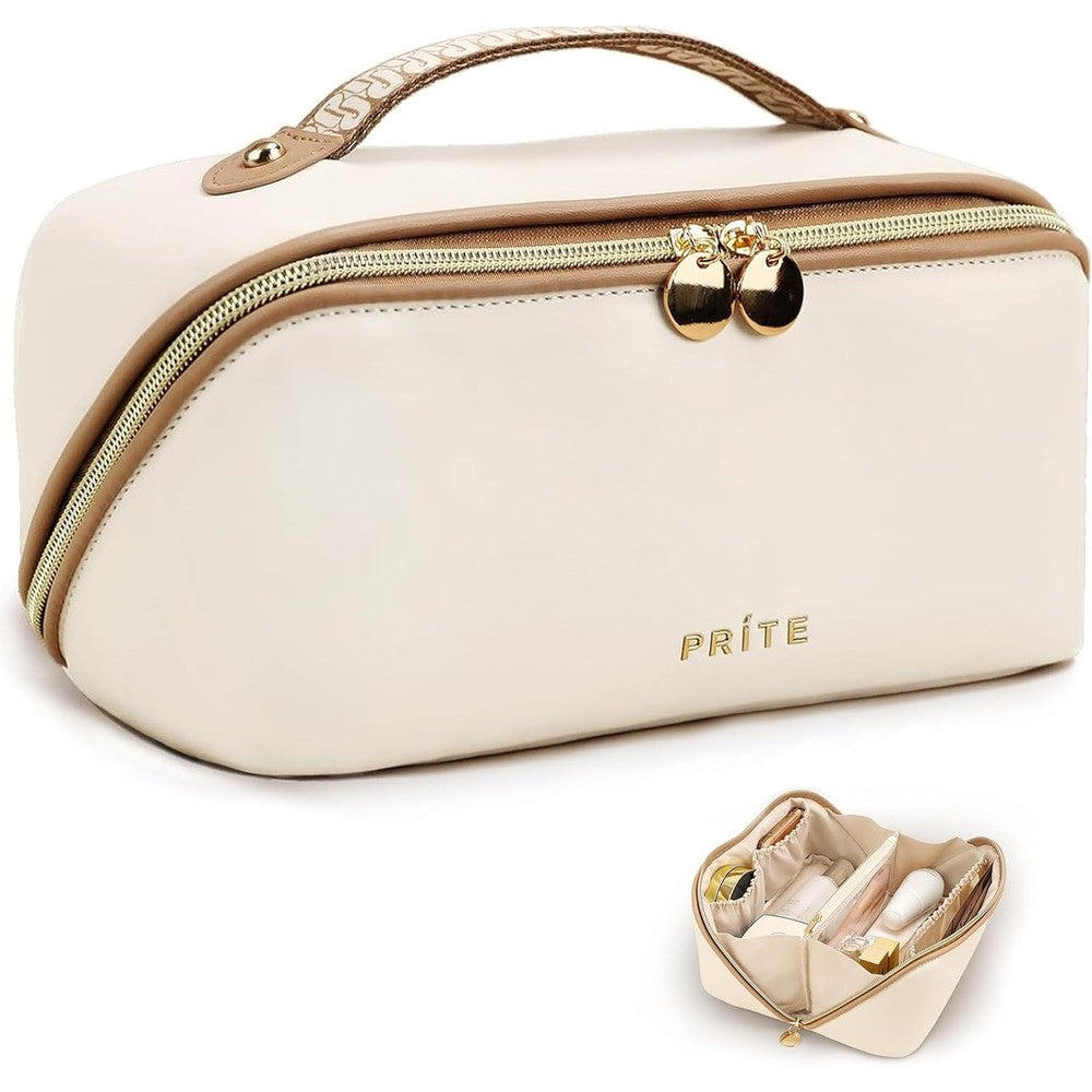 Prite makeup bag for women front view in classic beige vegan leather