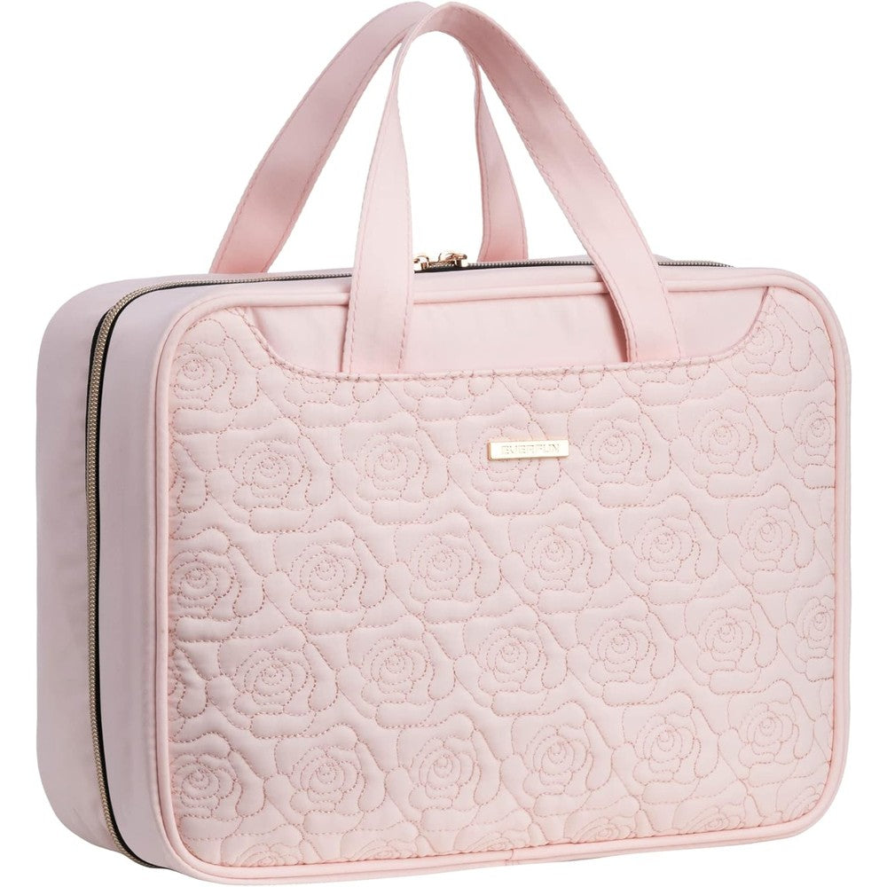 Everfun hanging travel toiletry bag in pink showing front quilted design