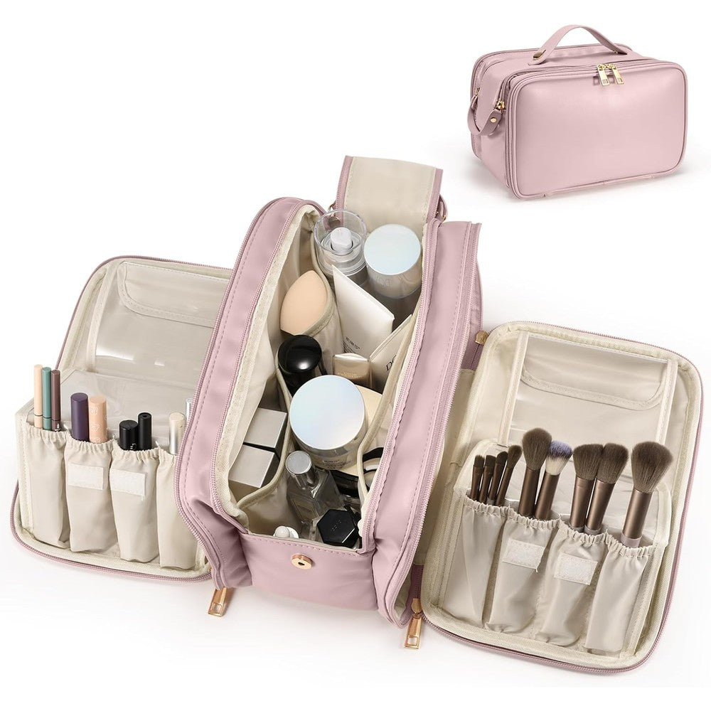 HauteHues travel makeup bag pink front view cosmetic organizer