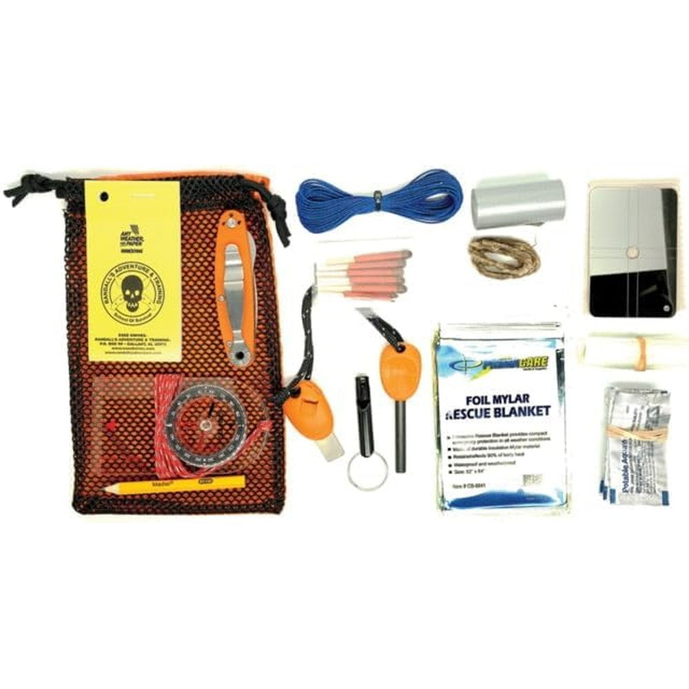 ESEE Essentials Kit front view featuring the orange survival pouch and contents.