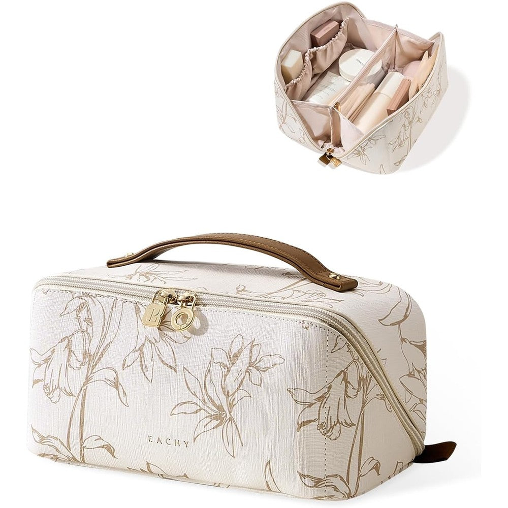 EACHY travel makeup bag front view with floral beige pattern
