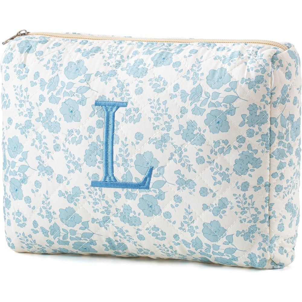 HBselect Initial Quilted Makeup Bag front view with blue floral print