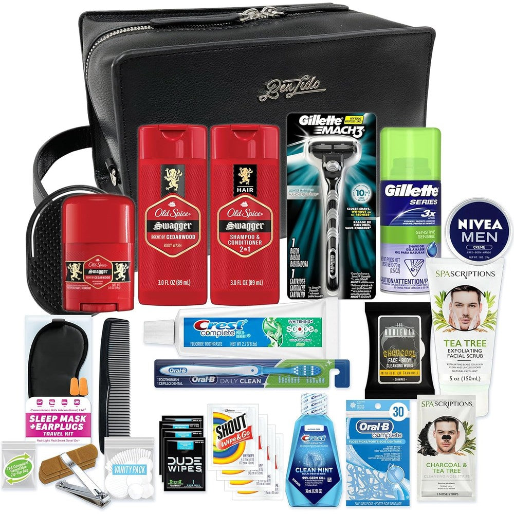 Convenience Kits International Men’s Super Premium Travel Kit front view of black leather bag with grooming products displayed