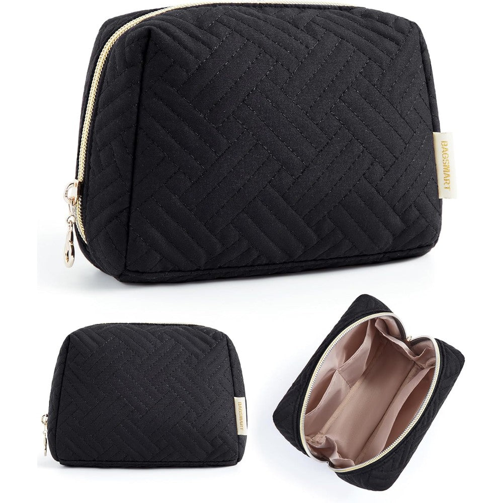 Bagsmart small quilted makeup bag front view black
