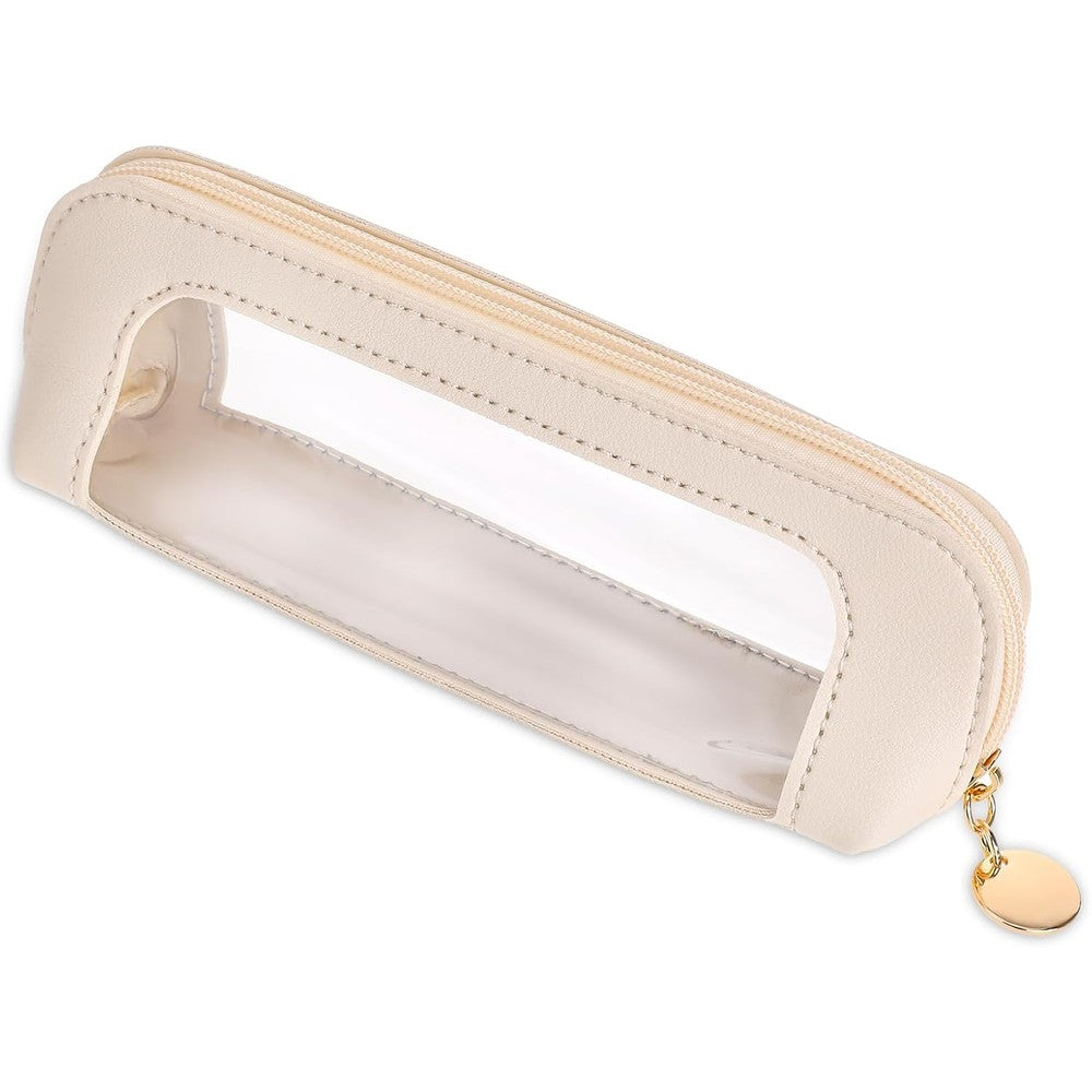 Psyqtsuary Small Clear Makeup Bag front view with cosmetic brushes