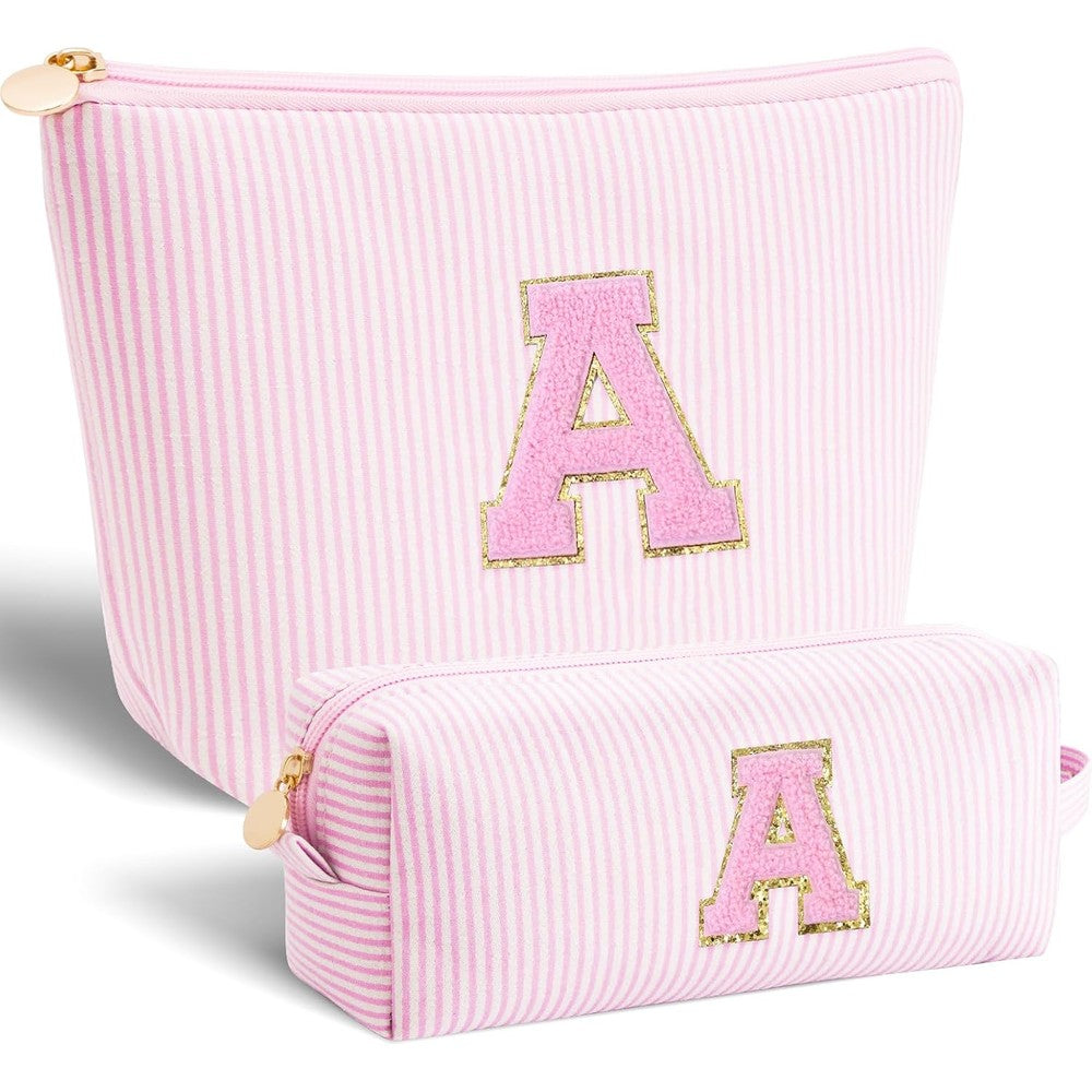 Btffitting personalized initial makeup bag front view pink canvas