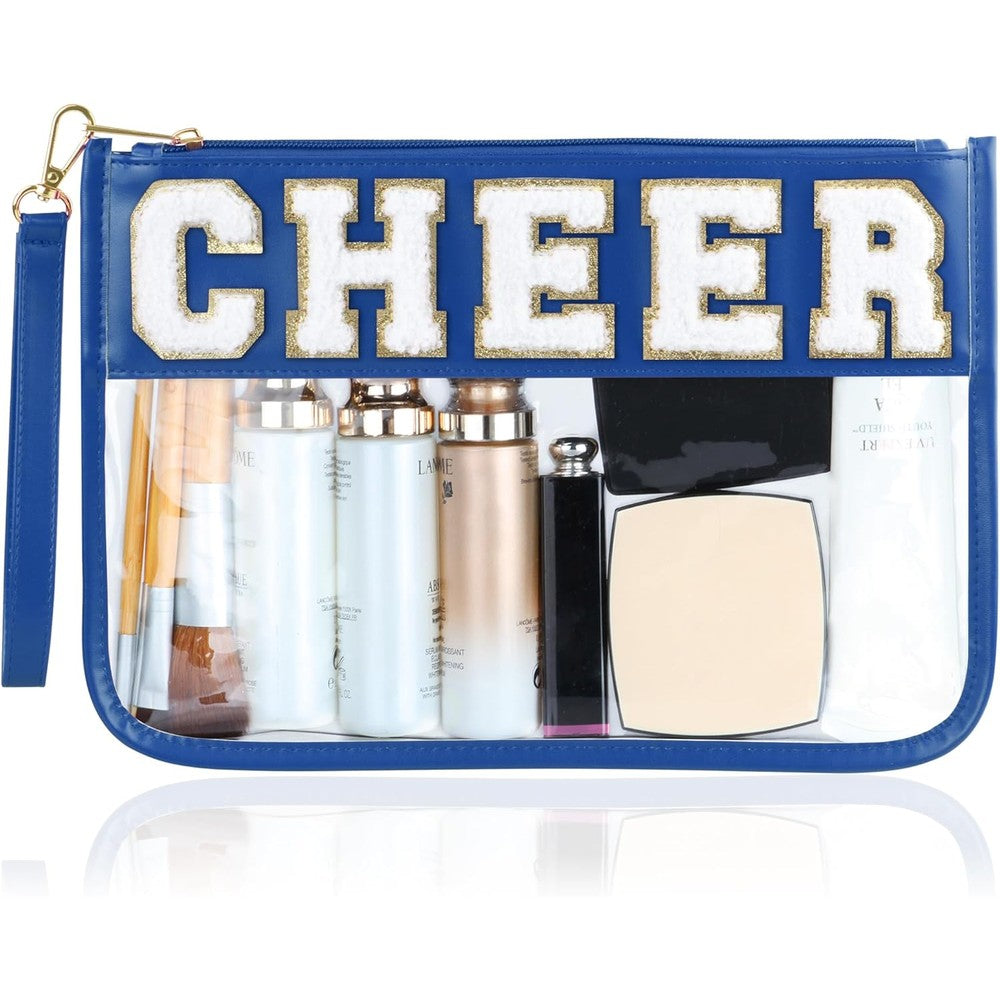 BuyCard Cheer Chenille Letter Clear Makeup Bag front view with navy blue trim