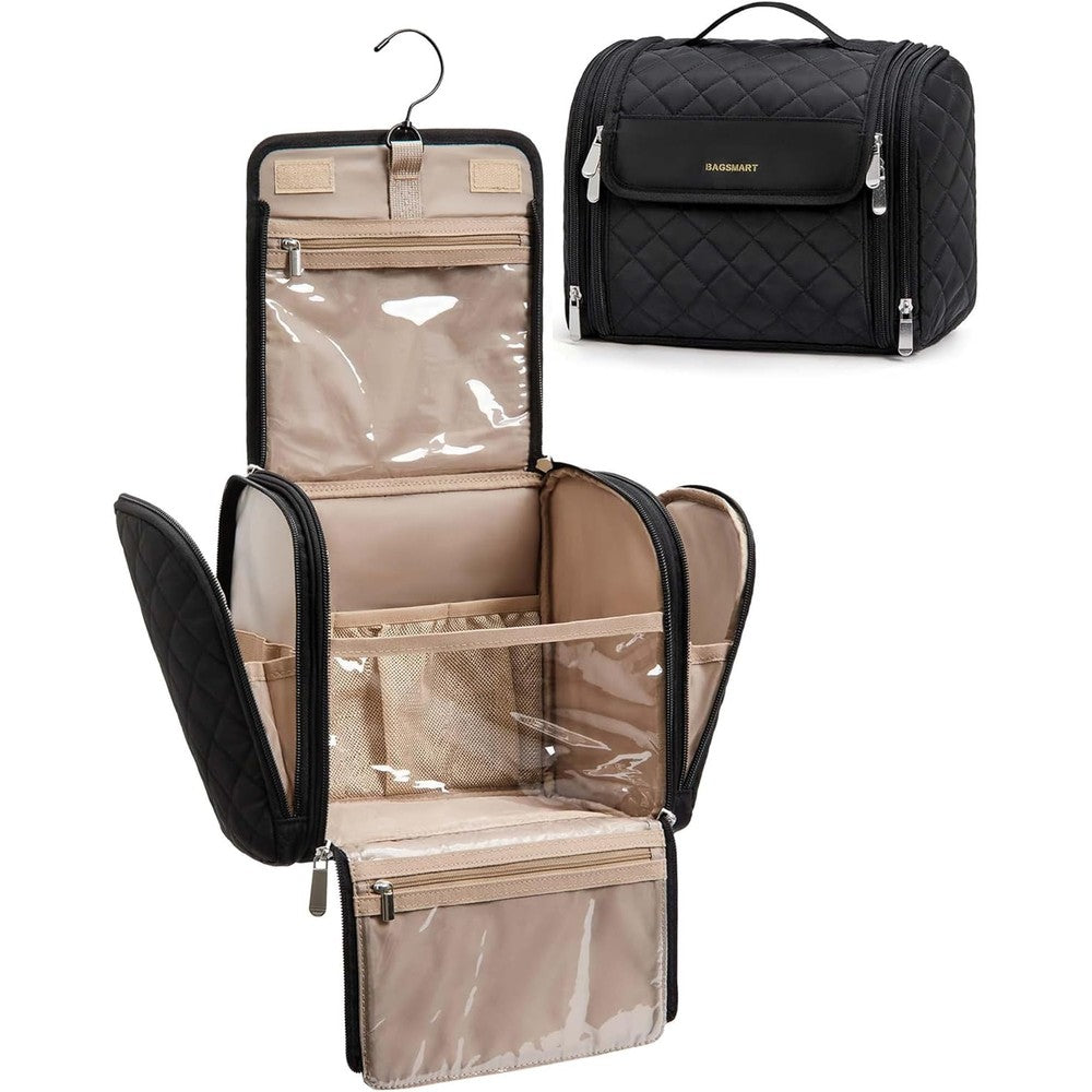 Bagsmart large hanging travel makeup bag front view in black