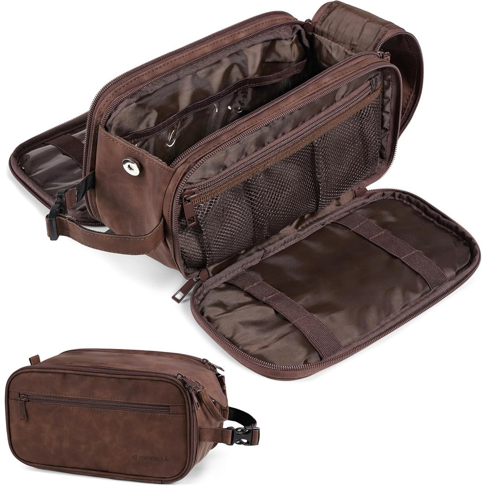 Pavilia dark brown PU leather toiletry bag front view