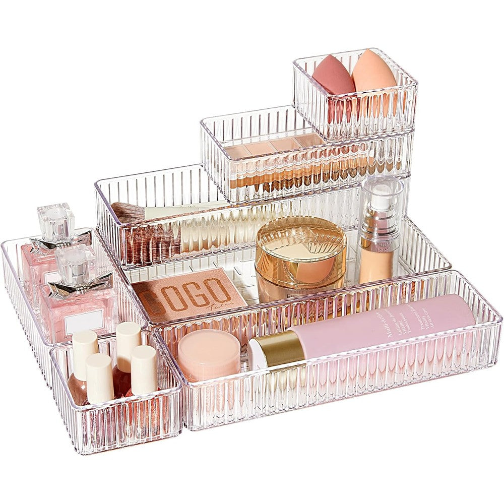 Vtopmart 7 Piece Clear Drawer Organizers Bins front view showing premium acrylic vanity storage layout.