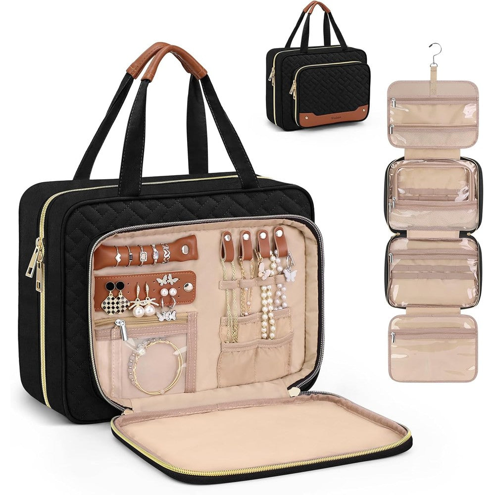 Wedama hanging travel toiletry bag black front view with jewelry organizer