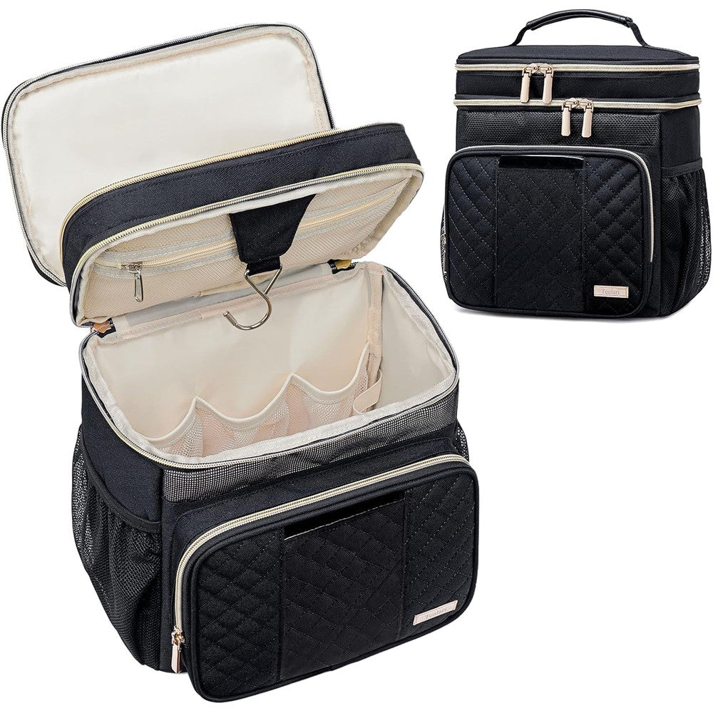 Tealari black hanging toiletry bag front view with hook